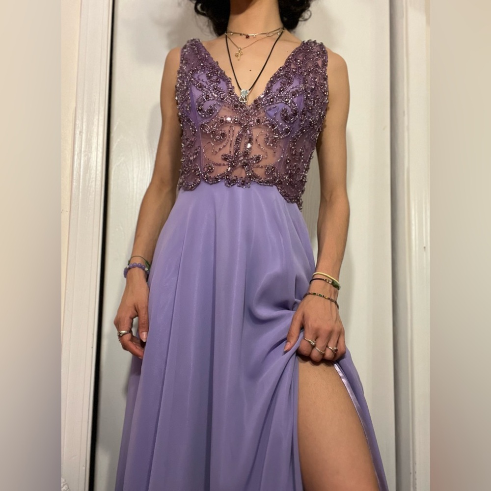 Purple Embellished V-Neck Sundress with Slit
